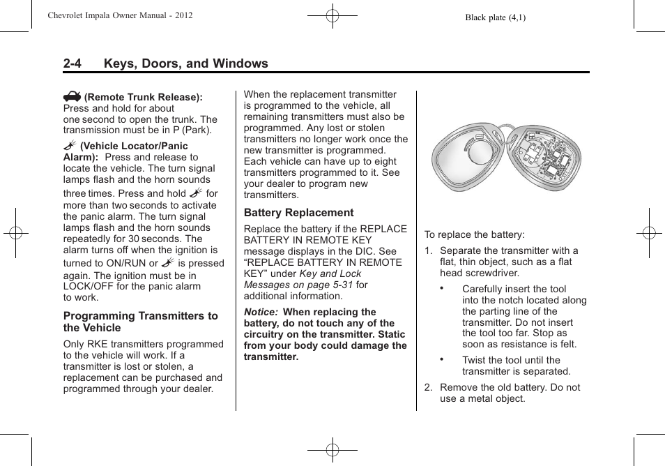 4 keys, doors, and windows | CHEVROLET 2012 Impala User Manual | Page 30 / 360