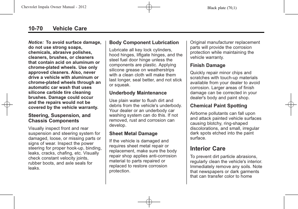 Interior care, Interior care -70 | CHEVROLET 2012 Impala User Manual | Page 300 / 360