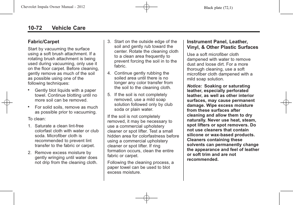 72 vehicle care | CHEVROLET 2012 Impala User Manual | Page 302 / 360