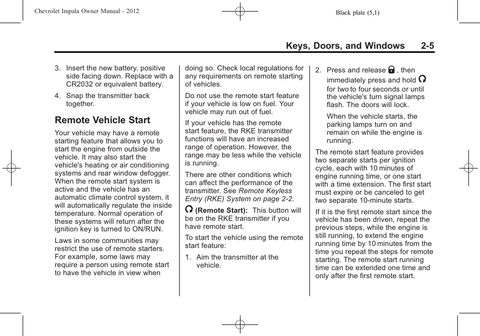 Remote vehicle start, Remote vehicle start -5 | CHEVROLET 2012 Impala User Manual | Page 31 / 360