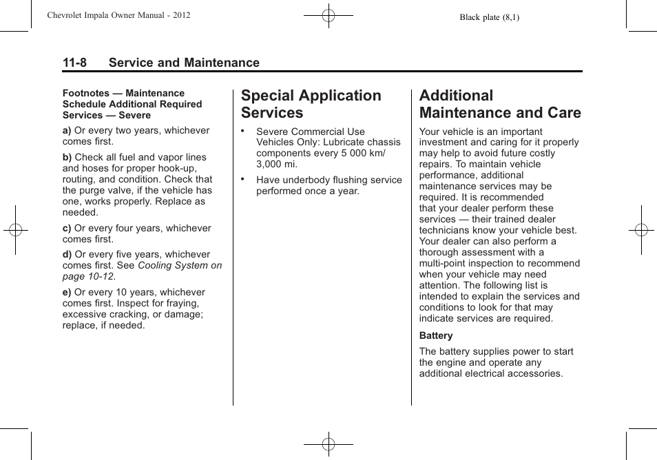 Special application services, Additional maintenance and care, Special application | Maintenance, Services -8, Additional maintenance, And care -8, 8 service and maintenance | CHEVROLET 2012 Impala User Manual | Page 312 / 360