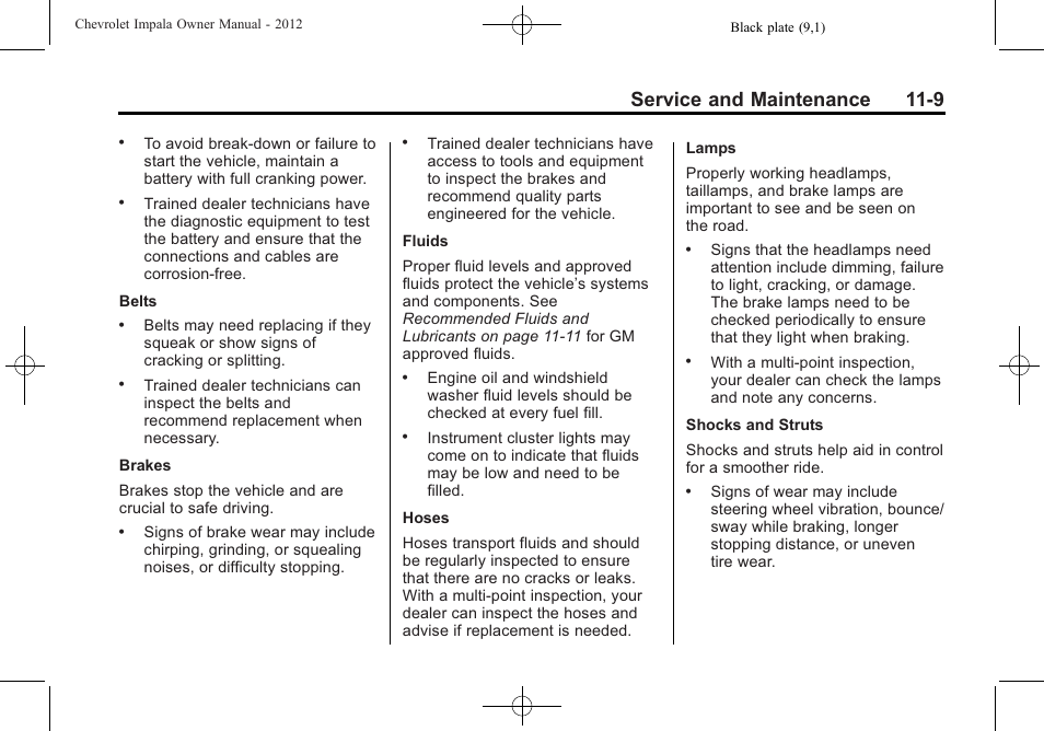 Service and maintenance 11-9 | CHEVROLET 2012 Impala User Manual | Page 313 / 360