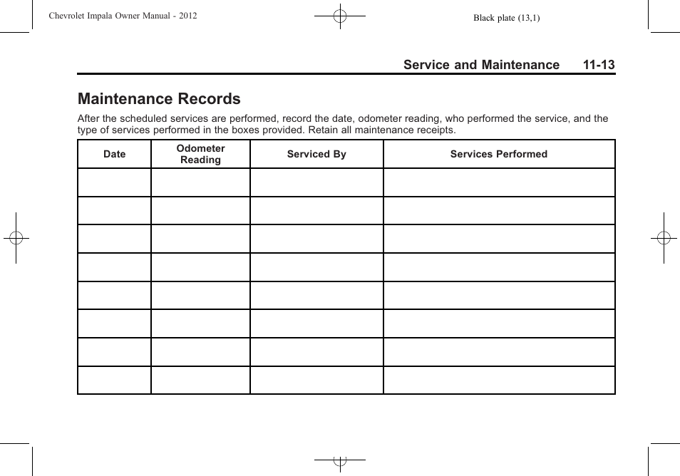 Maintenance records, Maintenance records -13 | CHEVROLET 2012 Impala User Manual | Page 317 / 360