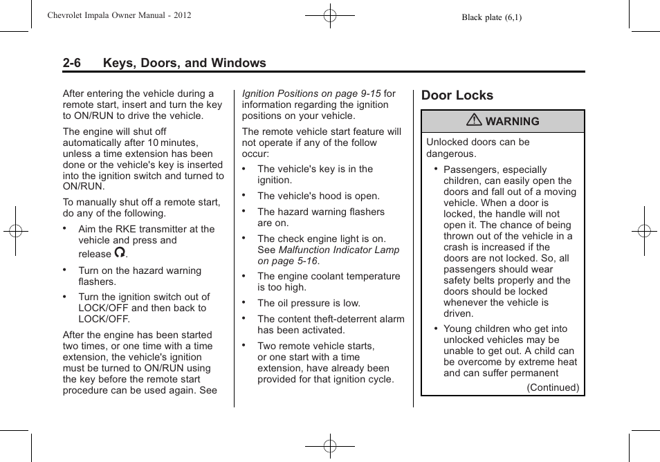 Door locks, Door locks -6, 6 keys, doors, and windows | CHEVROLET 2012 Impala User Manual | Page 32 / 360