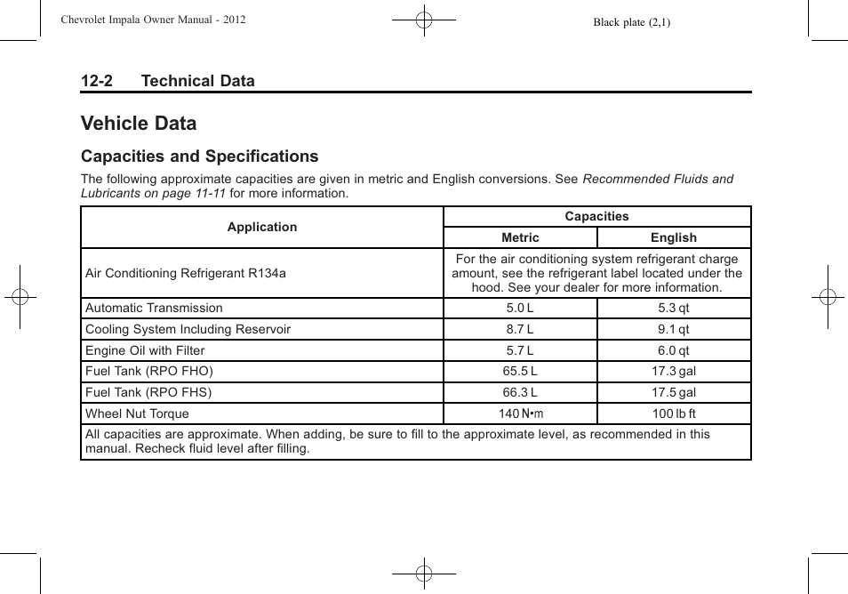 Vehicle data, Capacities and specifications, Vehicle data -2 | Capacities and, Specifications -2, 2 technical data | CHEVROLET 2012 Impala User Manual | Page 322 / 360