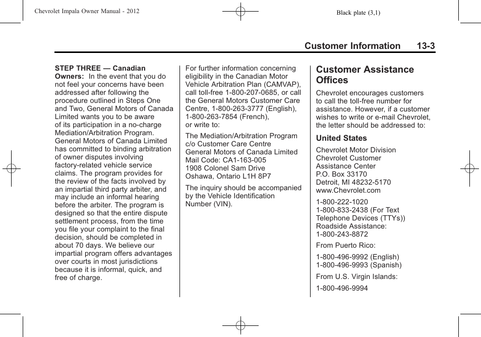 Customer assistance offices, Customer assistance, Offices -3 | Vehicle | CHEVROLET 2012 Impala User Manual | Page 327 / 360