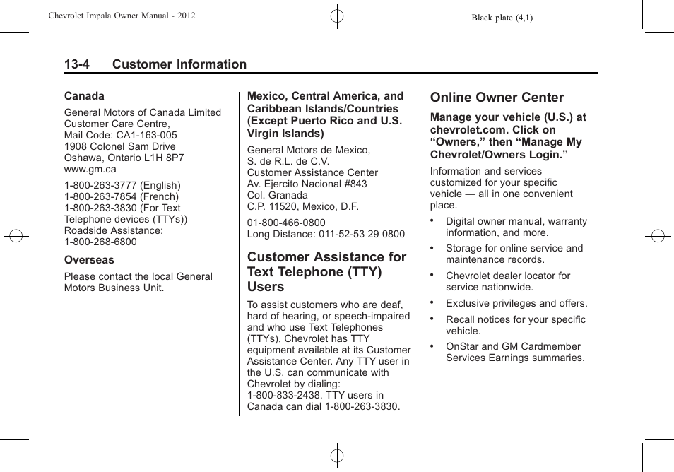 Customer assistance for text telephone (tty) users, Online owner center, Customer assistance for text | Telephone (tty) users -4, Online owner center -4, 4 customer information | CHEVROLET 2012 Impala User Manual | Page 328 / 360