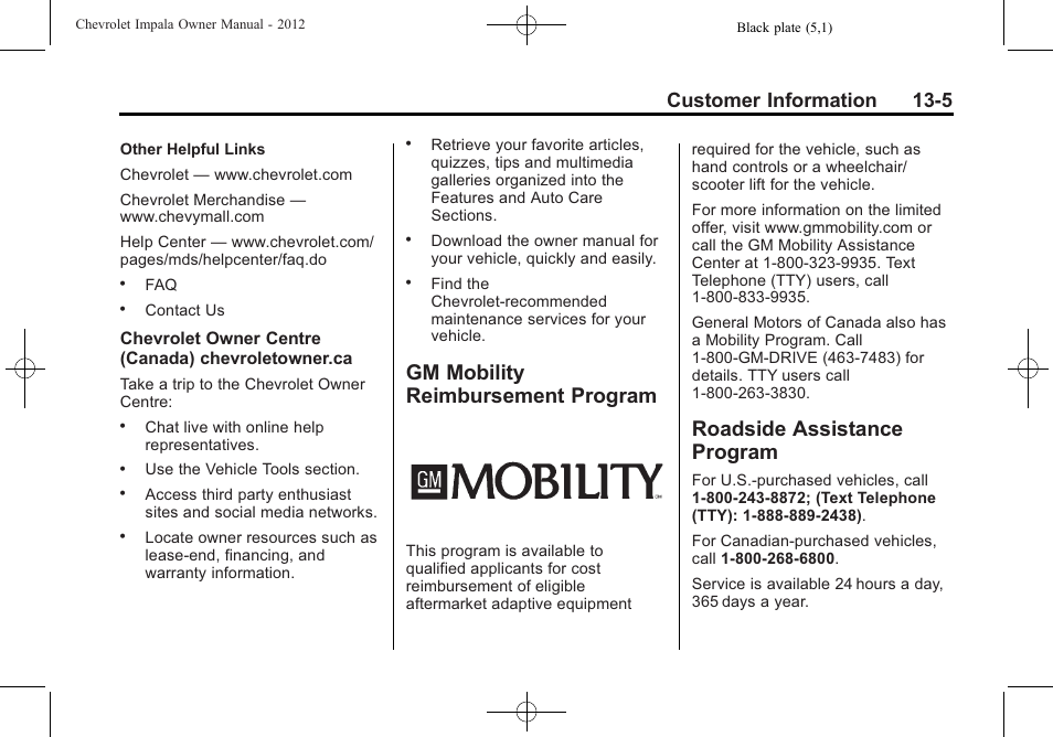 Gm mobility reimbursement program, Roadside assistance program, Gm mobility reimbursement | Program -5, Roadside assistance, Radio frequency, Customer information 13-5 | CHEVROLET 2012 Impala User Manual | Page 329 / 360