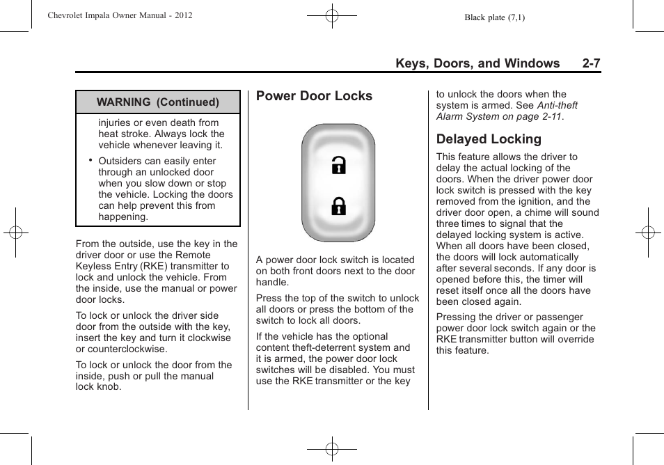 Power door locks, Delayed locking, Power door locks -7 delayed locking -7 | Keys, doors, and windows 2-7 | CHEVROLET 2012 Impala User Manual | Page 33 / 360