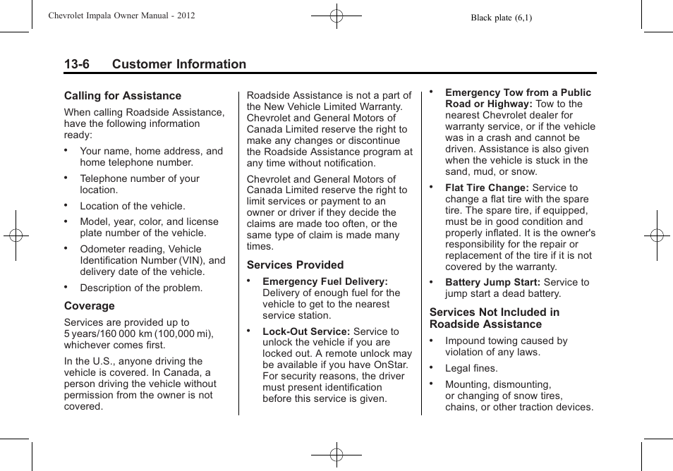 6 customer information | CHEVROLET 2012 Impala User Manual | Page 330 / 360