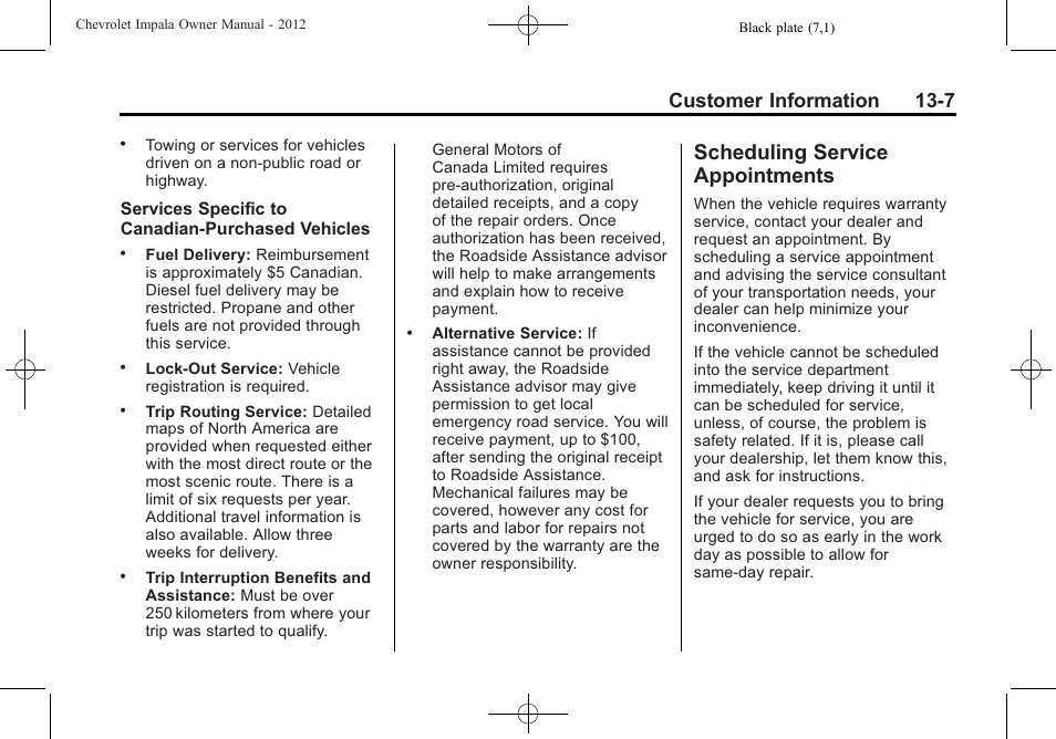 Scheduling service appointments, Scheduling service, Appointments -7 | Customer information 13-7 | CHEVROLET 2012 Impala User Manual | Page 331 / 360