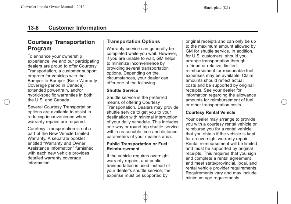 Courtesy transportation program, Courtesy transportation, Program -8 | CHEVROLET 2012 Impala User Manual | Page 332 / 360