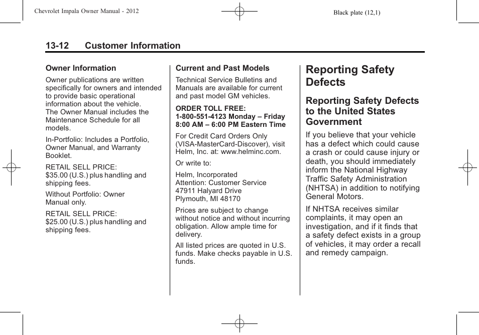 Reporting safety defects, Reporting safety defects to, The united states government -12 | CHEVROLET 2012 Impala User Manual | Page 336 / 360