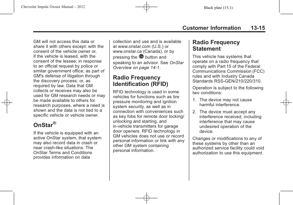 Onstar, Radio frequency identification (rfid), Radio frequency statement | Identification (rfid) -15, Radio frequency, Statement -15 | CHEVROLET 2012 Impala User Manual | Page 339 / 360