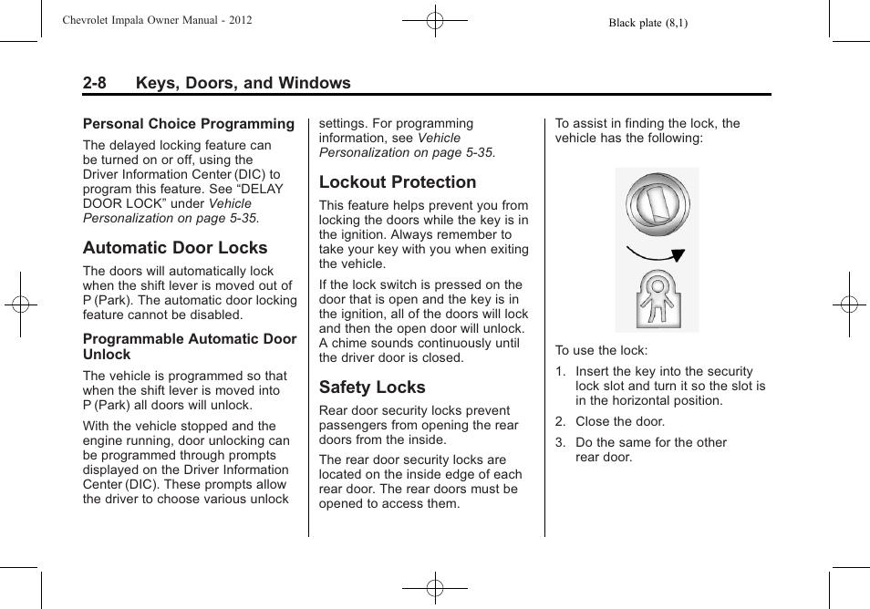 Automatic door locks, Lockout protection, Safety locks | CHEVROLET 2012 Impala User Manual | Page 34 / 360