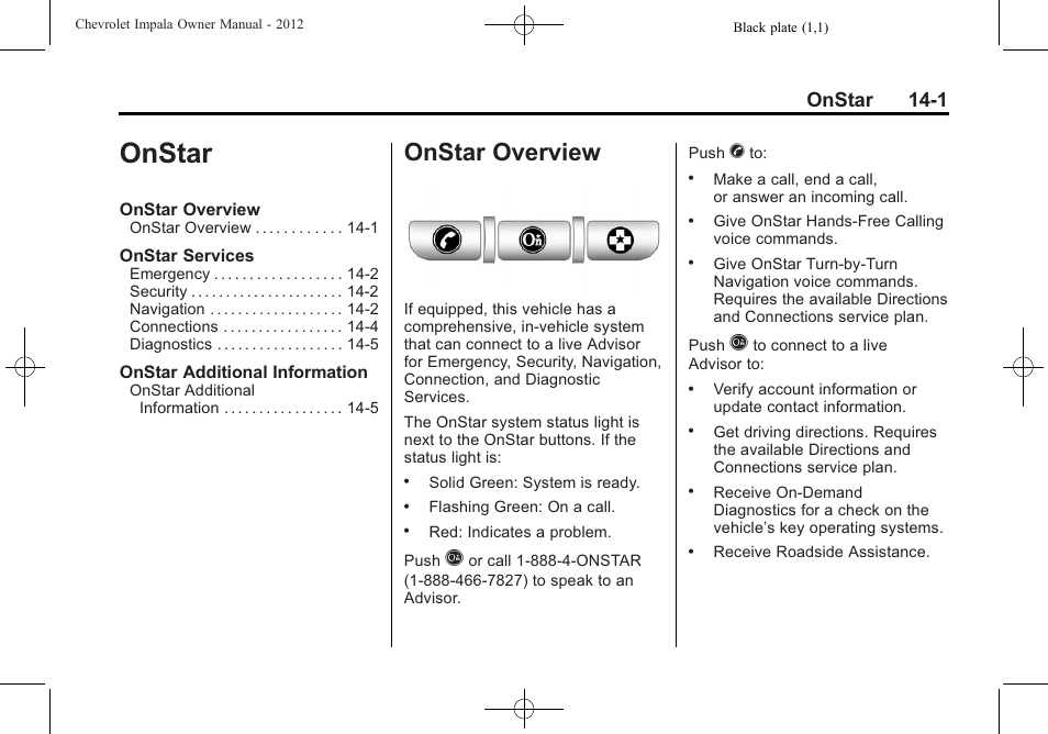 Onstar, Onstar overview, Onstar overview -1 | Onstar 14-1 | CHEVROLET 2012 Impala User Manual | Page 341 / 360