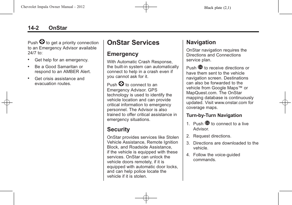Onstar services, Emergency, Security | Navigation, Services -2, Emergency -2 security -2 navigation -2, If equipped | CHEVROLET 2012 Impala User Manual | Page 342 / 360