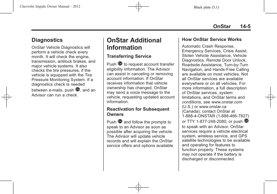 Diagnostics, Onstar additional information, Additional | Information -5, Diagnostics -5, Onstar additional | CHEVROLET 2012 Impala User Manual | Page 345 / 360