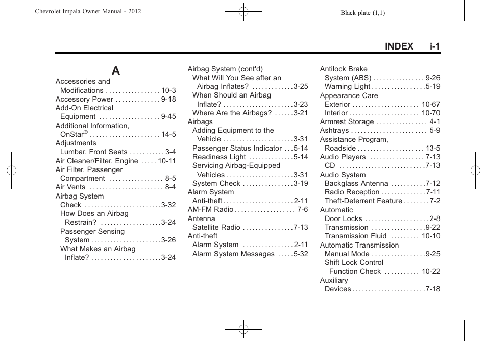 Index, Index_a, Index i-1 | CHEVROLET 2012 Impala User Manual | Page 349 / 360