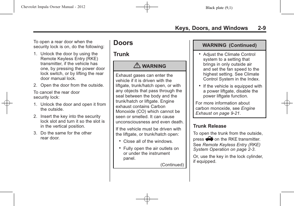 Doors, Trunk, Doors -9 | Vehicle, Trunk -9, Manual, Keys, doors, and windows 2-9 | CHEVROLET 2012 Impala User Manual | Page 35 / 360