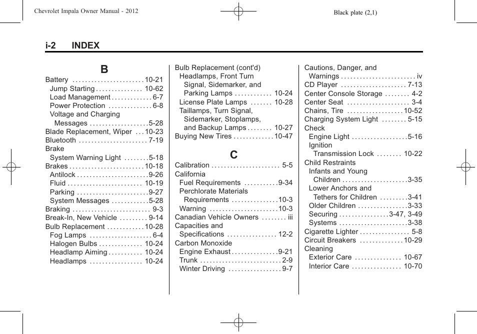 Index_b, Index_c, I-2 index | CHEVROLET 2012 Impala User Manual | Page 350 / 360