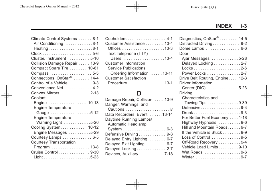 Index_d, Index i-3 | CHEVROLET 2012 Impala User Manual | Page 351 / 360