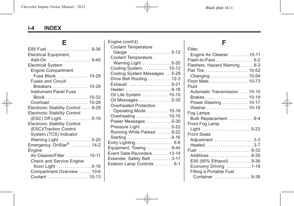 Index_e, Index_f, I-4 index | CHEVROLET 2012 Impala User Manual | Page 352 / 360