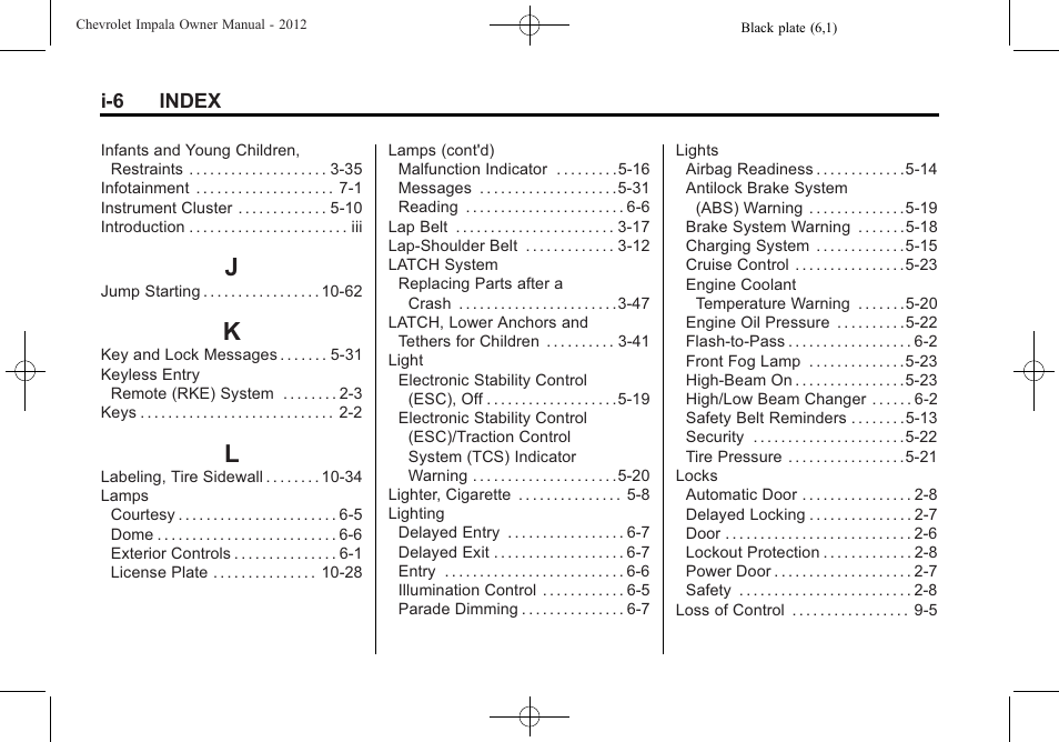 Index_j, Index_k, Index_l | CHEVROLET 2012 Impala User Manual | Page 354 / 360