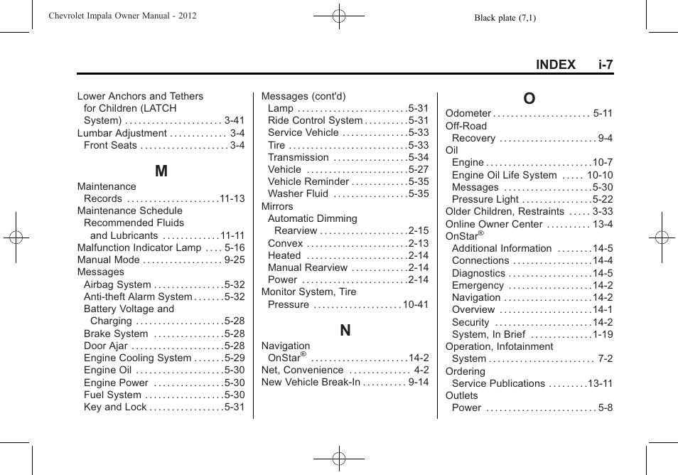 Index_m, Index_n, Index_o | Index i-7 | CHEVROLET 2012 Impala User Manual | Page 355 / 360