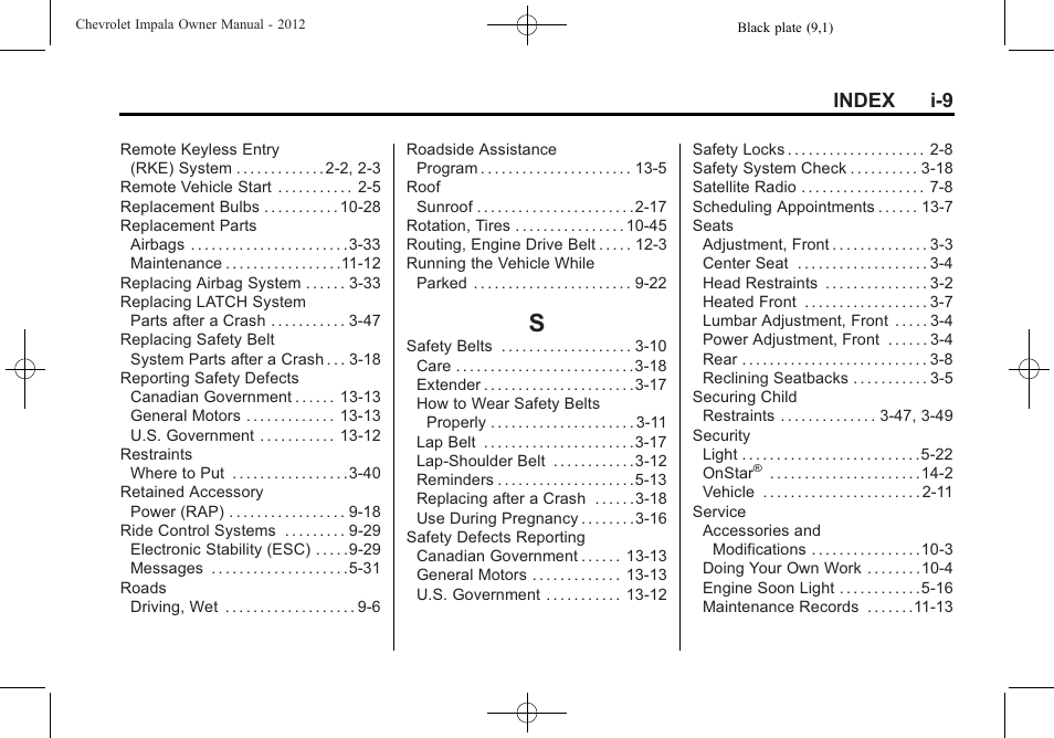 Index_s, Index i-9 | CHEVROLET 2012 Impala User Manual | Page 357 / 360