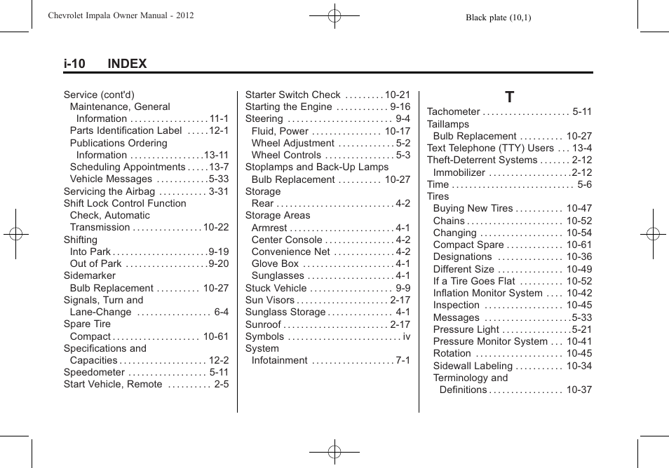 Index_t, I-10 index | CHEVROLET 2012 Impala User Manual | Page 358 / 360