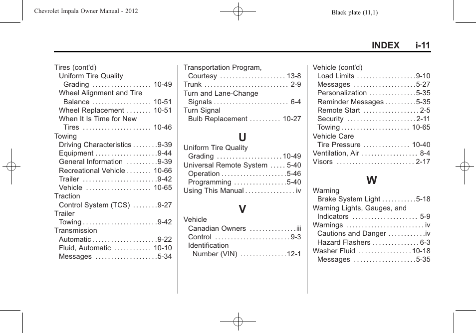 Index_u, Index_v, Index_w | CHEVROLET 2012 Impala User Manual | Page 359 / 360