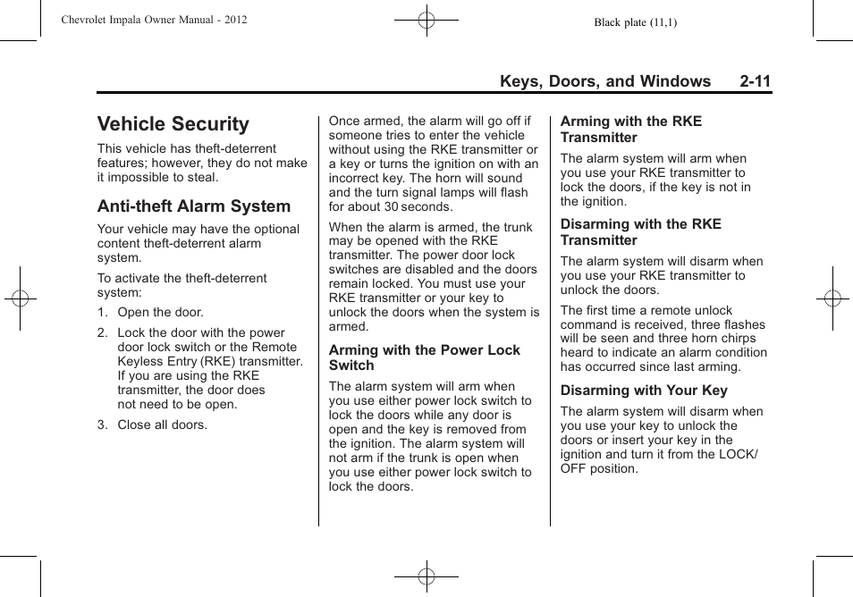 Vehicle security, Anti-theft alarm system, Vehicle security -11 | Universal remote, Vehicle security -11 anti-theft alarm system -11, Windows | CHEVROLET 2012 Impala User Manual | Page 37 / 360