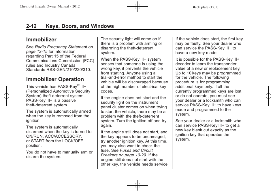 Immobilizer, Immobilizer operation, Immobilizer -12 immobilizer operation -12 | 12 keys, doors, and windows | CHEVROLET 2012 Impala User Manual | Page 38 / 360