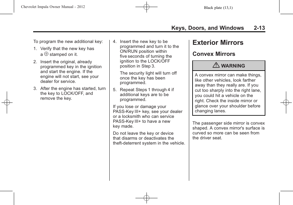 Exterior mirrors, Convex mirrors, Exterior mirrors -13 | Convex mirrors -13 | CHEVROLET 2012 Impala User Manual | Page 39 / 360