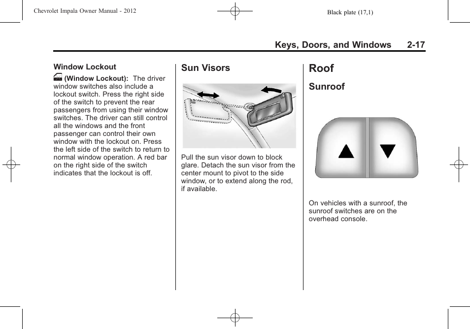 Sun visors, Roof, Sunroof | Roof -17, Sun visors -17, Sunroof -17 | CHEVROLET 2012 Impala User Manual | Page 43 / 360