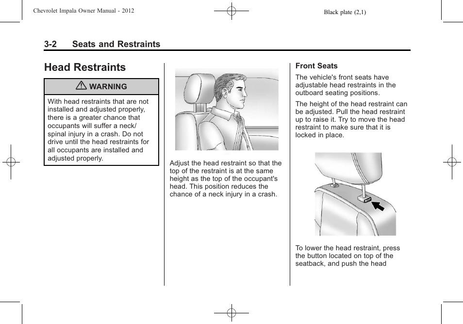 Head restraints, Head restraints -2, Where | CHEVROLET 2012 Impala User Manual | Page 46 / 360