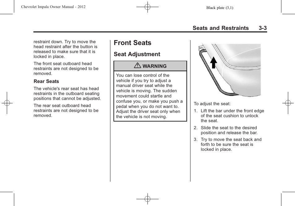 Front seats, Seat adjustment, Front seats -3 | Seat adjustment -3 | CHEVROLET 2012 Impala User Manual | Page 47 / 360