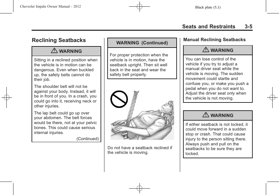 Reclining seatbacks, Reclining seatbacks -5 | CHEVROLET 2012 Impala User Manual | Page 49 / 360