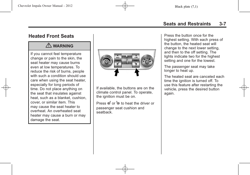 Heated front seats, Heated front seats -7 | CHEVROLET 2012 Impala User Manual | Page 51 / 360
