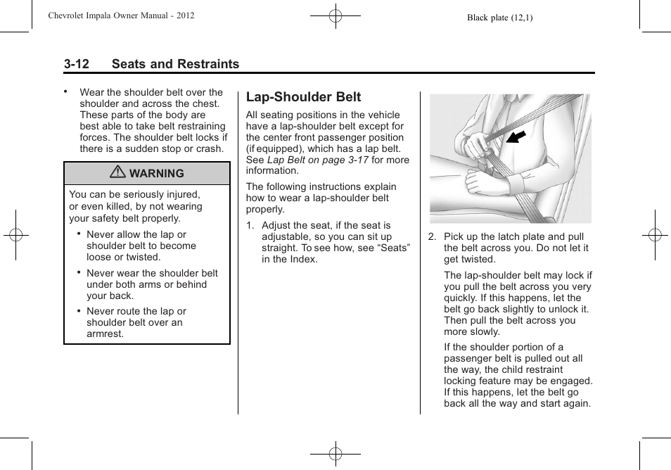 Lap-shoulder belt, Lap-shoulder belt -12, Replacing | 12 seats and restraints | CHEVROLET 2012 Impala User Manual | Page 56 / 360