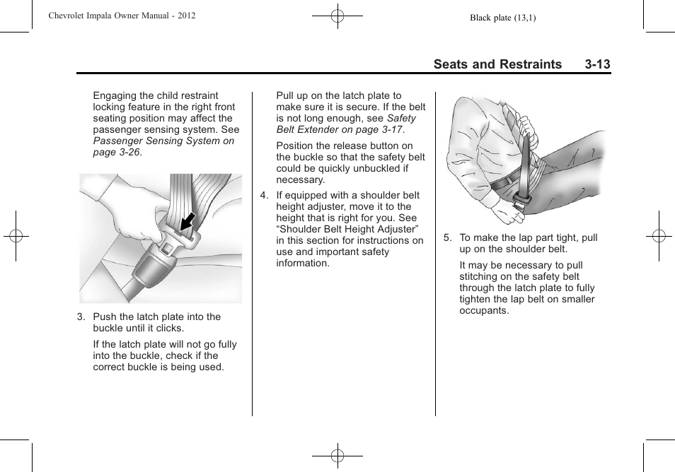 Seats and restraints 3-13 | CHEVROLET 2012 Impala User Manual | Page 57 / 360