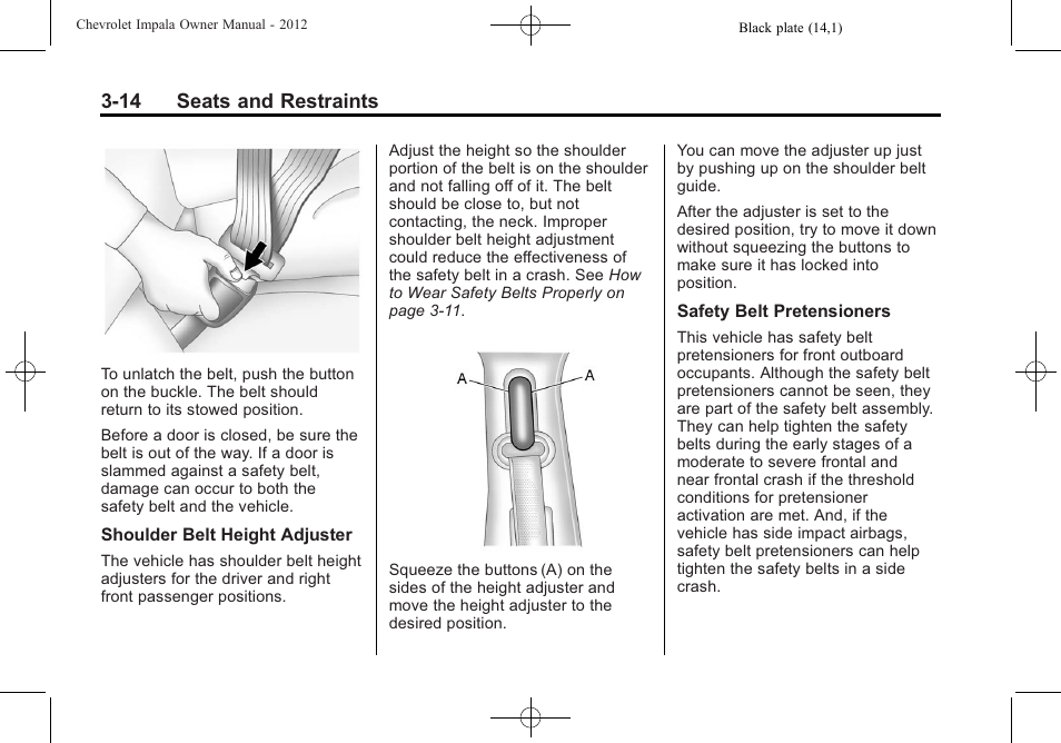 14 seats and restraints | CHEVROLET 2012 Impala User Manual | Page 58 / 360