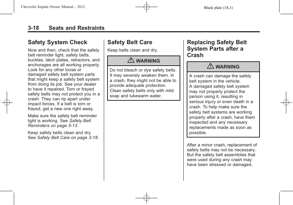 Safety system check, Safety belt care, Replacing safety belt system parts after a crash | Parts after a crash -18 | CHEVROLET 2012 Impala User Manual | Page 62 / 360