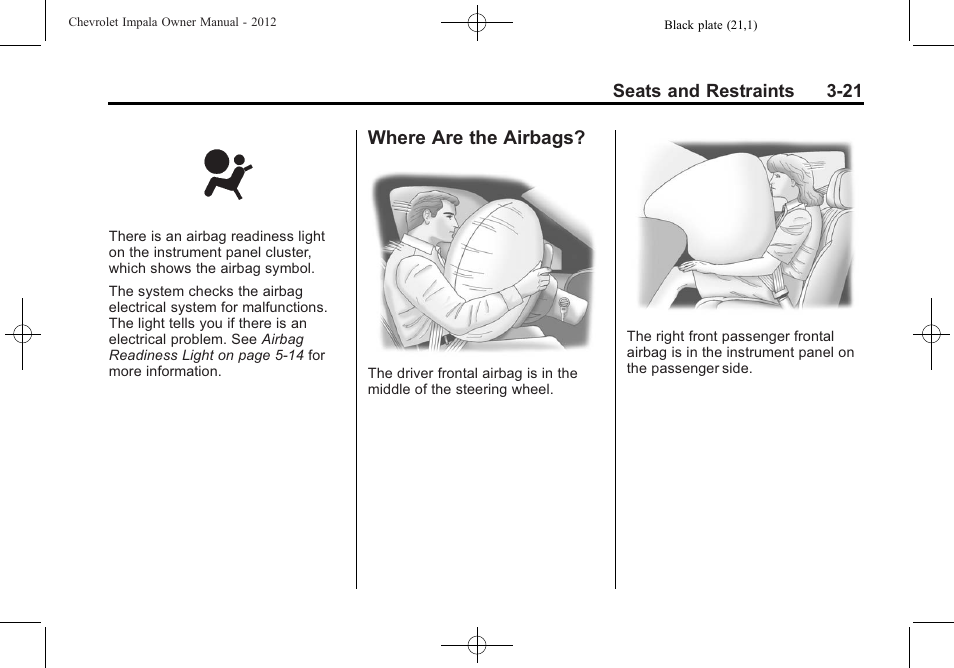 Where are the airbags, Are the airbags? -21 | CHEVROLET 2012 Impala User Manual | Page 65 / 360