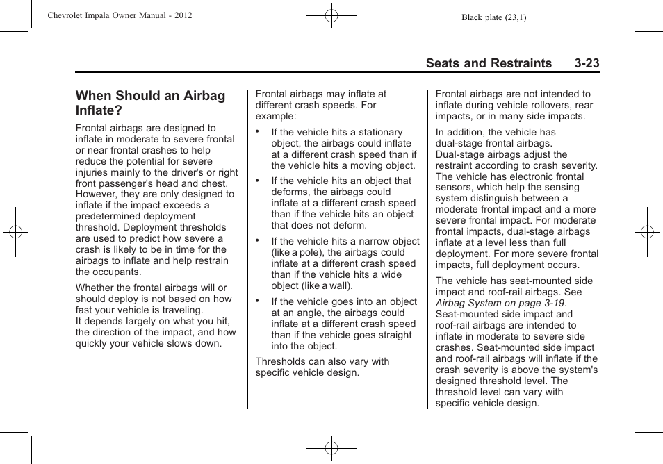 When should an airbag inflate, When should an airbag, Inflate? -23 | Seats and restraints 3-23 | CHEVROLET 2012 Impala User Manual | Page 67 / 360