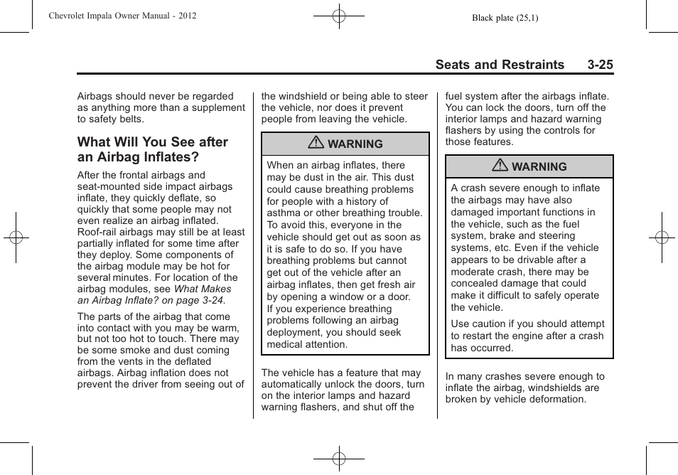 What will you see after an airbag inflates, What will you see after an, Airbag inflates? -25 | CHEVROLET 2012 Impala User Manual | Page 69 / 360