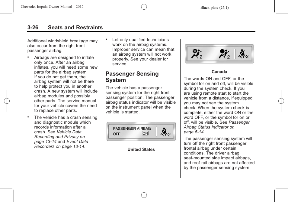 Passenger sensing system, Passenger sensing, Right | 26 seats and restraints | CHEVROLET 2012 Impala User Manual | Page 70 / 360