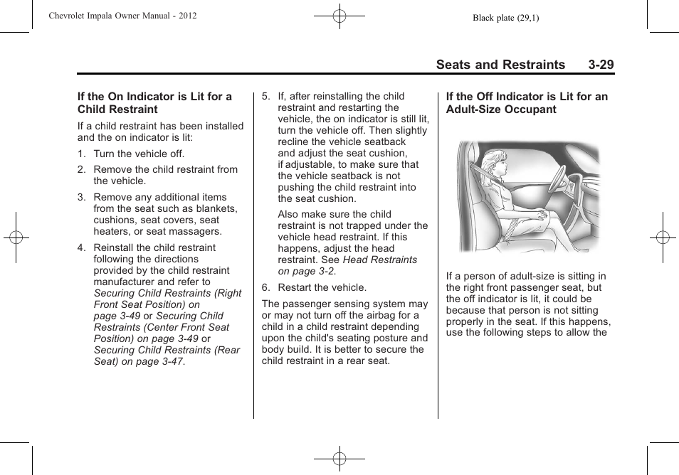 Seats and restraints 3-29 | CHEVROLET 2012 Impala User Manual | Page 73 / 360