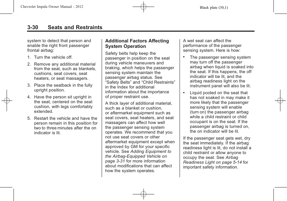 30 seats and restraints | CHEVROLET 2012 Impala User Manual | Page 74 / 360